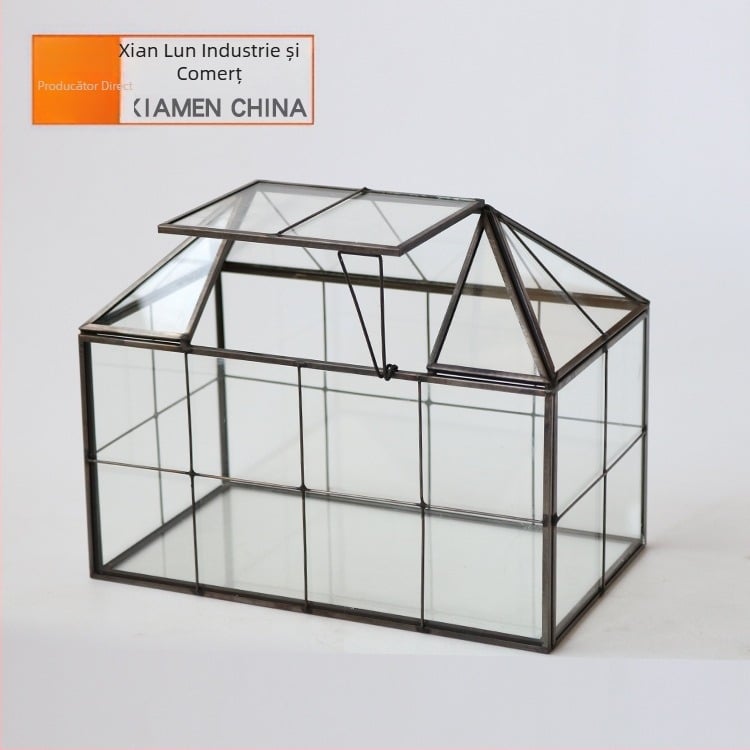 Vas geometric din sticlă pentru suculente, décor micro-peisaj, suprafață cu intarsie, ambalare din carton, imprimare logo disponibil