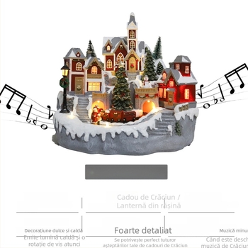 Decorațiune de birou: Scenă de Crăciun, iluminată, clopot muzical rotativ, din rășină