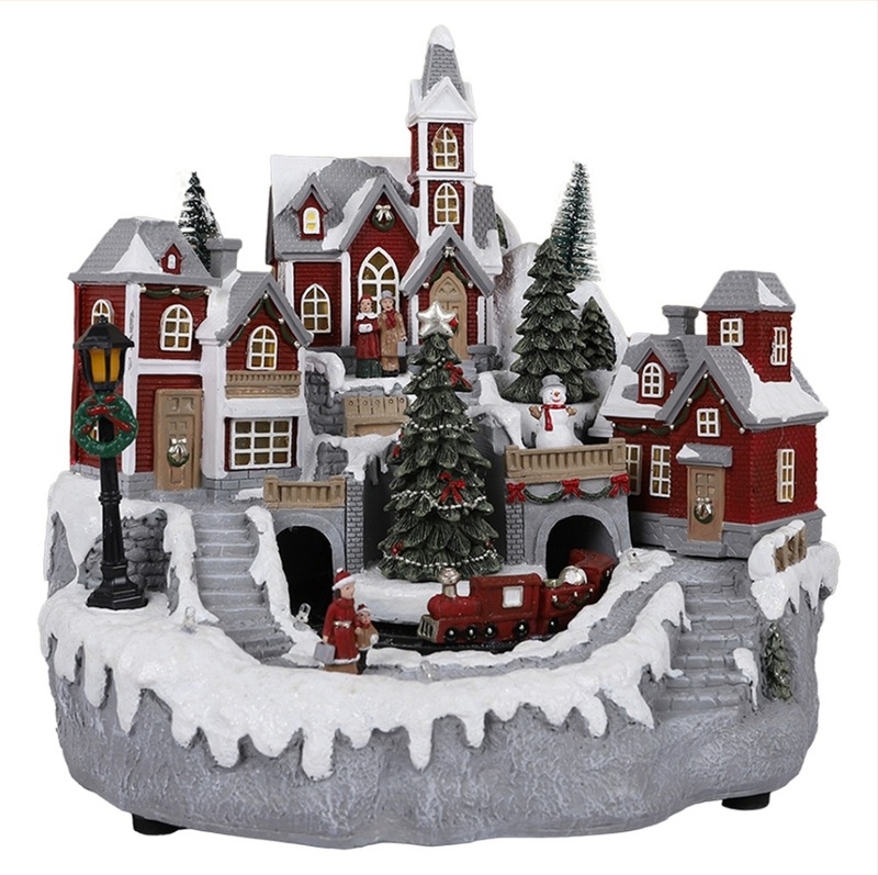 Decorațiune de birou: Scenă de Crăciun, iluminată, clopot muzical rotativ, din rășină