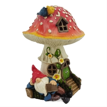 Figură decorativă pentru grădină: elf mic cu casă de ciuperci, din rășină, Huayang