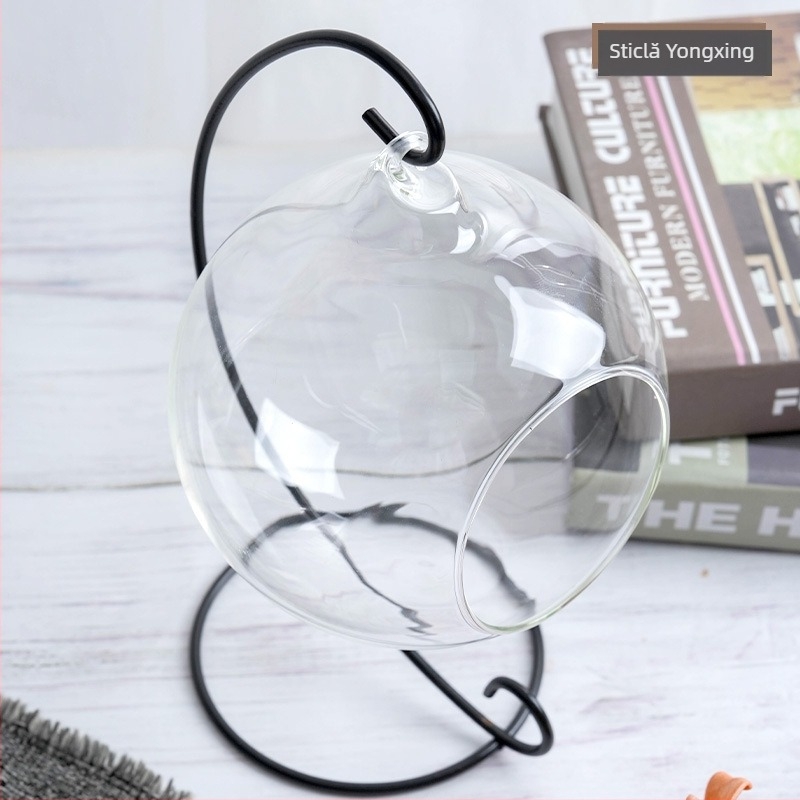 Vază DIY cu peisaj mini din sferă de sticlă, cu deschidere deschisă și ramă metalică suspendată pentru decor de nuntă și casă