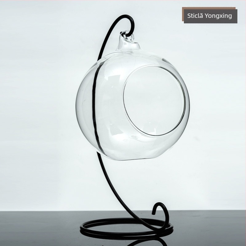 Vază DIY cu peisaj mini din sferă de sticlă, cu deschidere deschisă și ramă metalică suspendată pentru decor de nuntă și casă