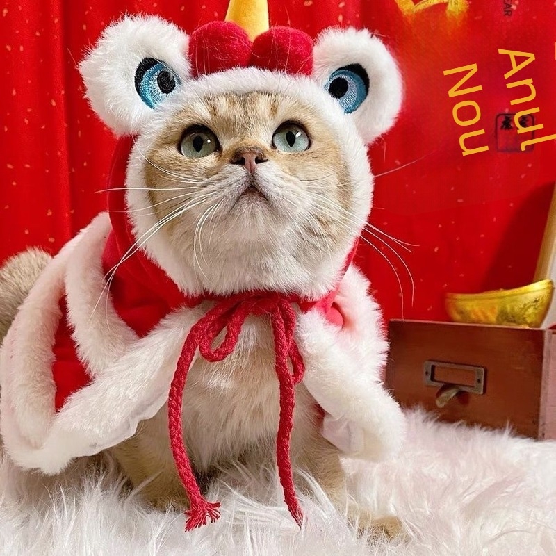 Pelerină festivă căptușită cu fleece pentru animale de companie, cu tema Dansul Leului, pentru pisici și câini, cu pălărie