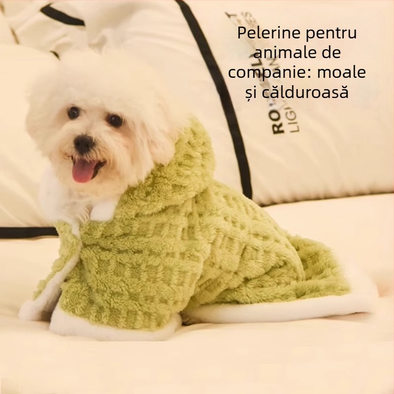 Pelerină cu glugă pentru câini, toamnă-iarnă, pentru câini mici și mijlocii, Bichon, model în carouri