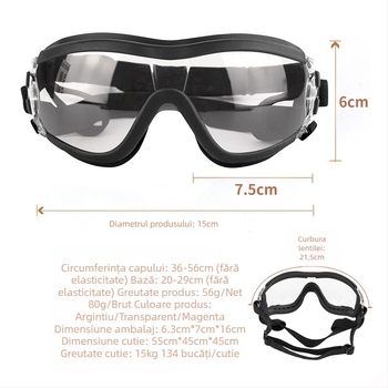 Ochelari pentru câini cu lentile policarbonate, ramă din cauciuc, impermeabili, rezistenți la vânt, protecție UV