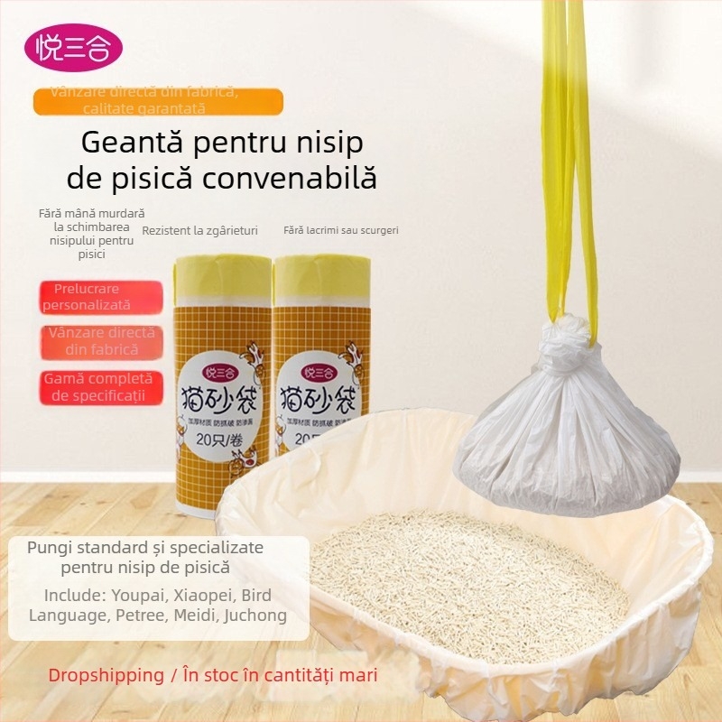 Saci pentru gunoiul litierei pisicii, HDPE îngroșat, cu șnur, de unică folosință, pachet 50