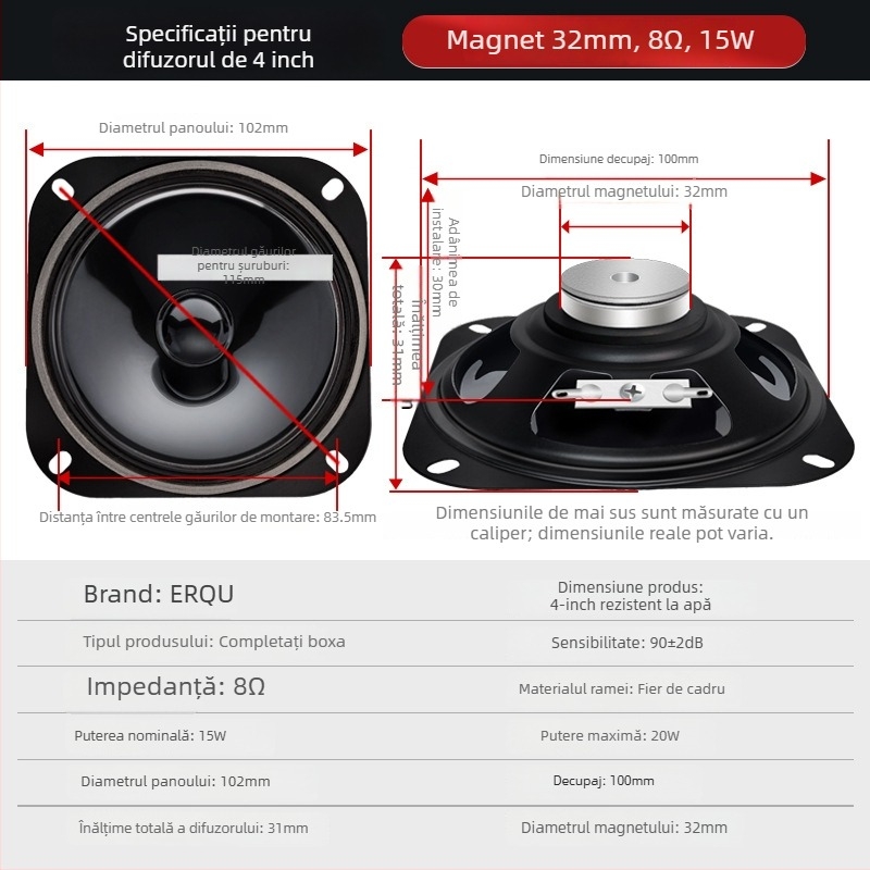 ERQU Difuzor coaxial impermeabil, 8 Ω, 15 W, Magnet din neodimiu, Spectru complet de frecvențe medii și înalte