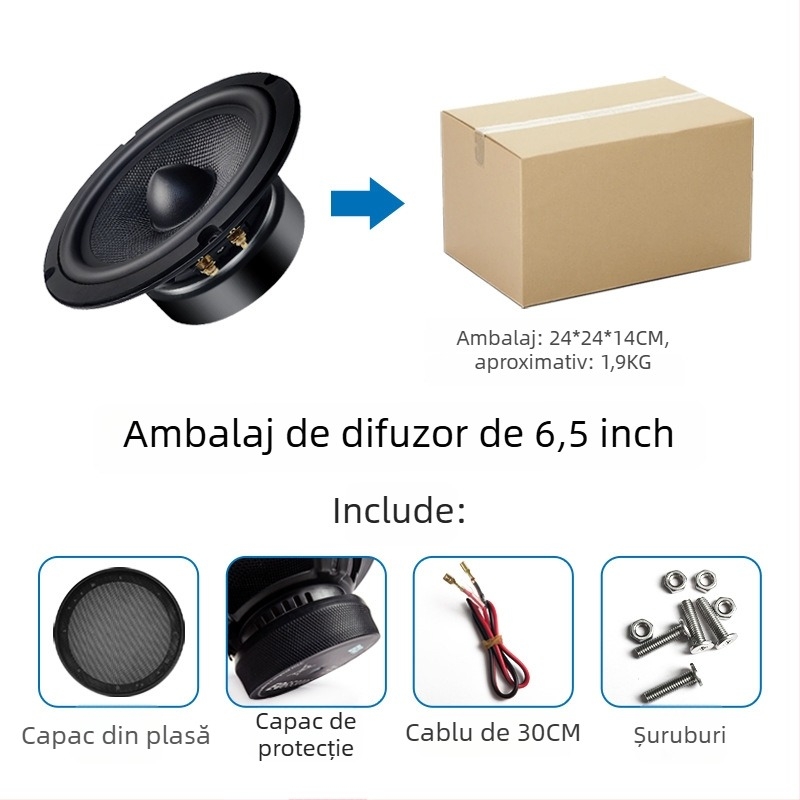 Subwoofer pentru audio auto cu diafragmă din fibră de carbon, impedanță de 8 Ω, putere 30/50 W, design coaxial compozit, răspuns în frecvență 10–30000 Hz
