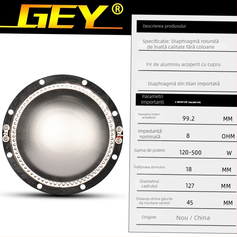 Modul diafragmă pentru tweeter cu bobină pentru difuzor — diafragmă din titan pur; circuit magnetic: bobină pentru înalte frecvențe; aplicații: echipamente audio mari