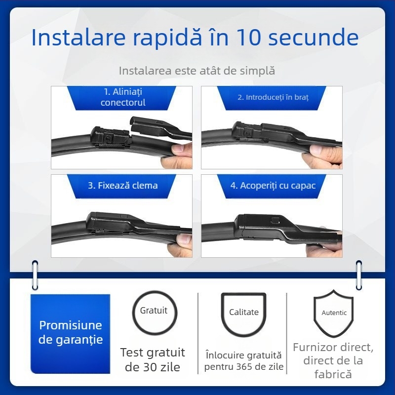 Ștergător fără ramă pentru față și spate; ansamblu braț ștergător: 20; unghi de ștergere: 45°; tensiune motor: 48V; material: plastic