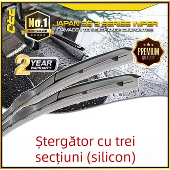 Ștergător de parbriz din silicon, design cu trei secțiuni; compatibil cu interfața U, unghi de ștergere 90°, motor 24V, ștergător integrat