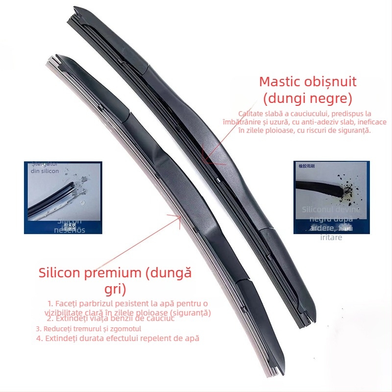 Ștergător de parbriz din silicon, design cu trei secțiuni; compatibil cu interfața U, unghi de ștergere 90°, motor 24V, ștergător integrat