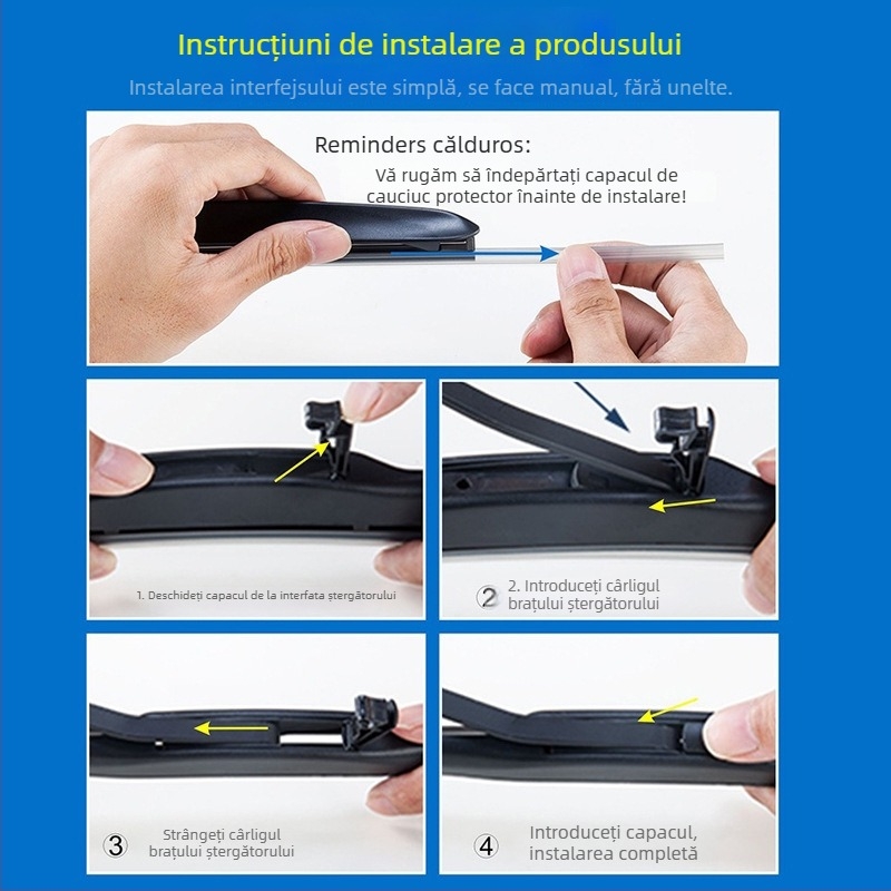 Ștergător de parbriz din silicon, design cu trei secțiuni; compatibil cu interfața U, unghi de ștergere 90°, motor 24V, ștergător integrat