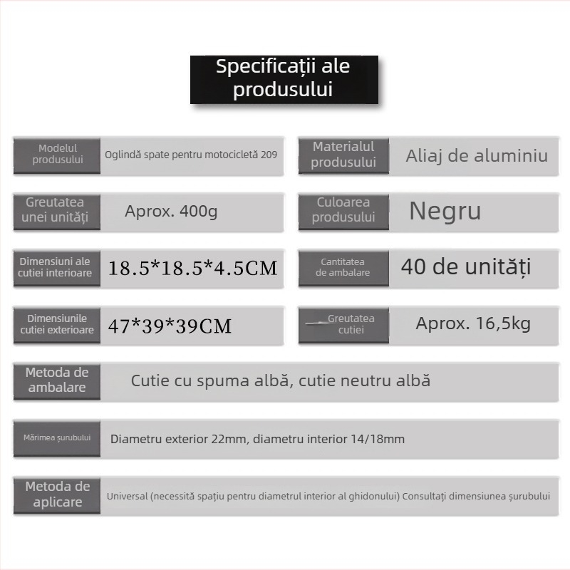 Oglindă retrovizoare pentru motocicletă SL-001, oglindă sferică din sticlă, compatibilă cu ghidon 7/8, piesa 209
