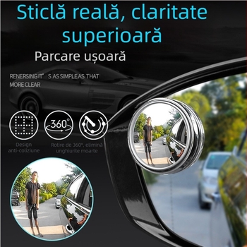 Oglindă retrovizoare auto, montaj prin bandă adezivă; rotație de 360°, oglindă rotundă sferică, sticlă; model XYJ01