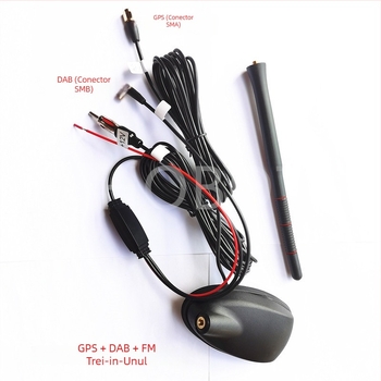 Antena auto GPS/DAB/FM, 3 în 1, antenă activă cu amplificare; montaj filetat; 12V