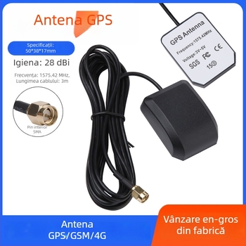 Antena GPS pentru navigație auto, cu filtru și amplificare secundară, câștig de 28 dBi.