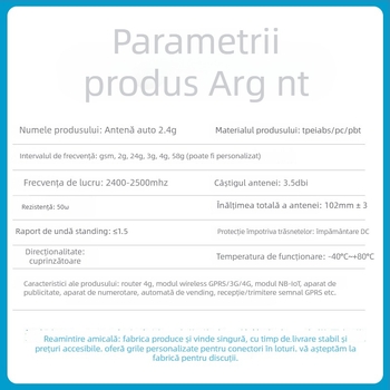 Antena omnidirecțională 2,4 GHz, câștig 3 dBi, impedanță 50 Ω, cablu 3 m, montaj cu ventuză