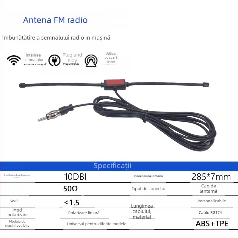 Chenyuxin antenă activă FM pentru radio auto, cablu de 3 m, SWR ≤ 1,5