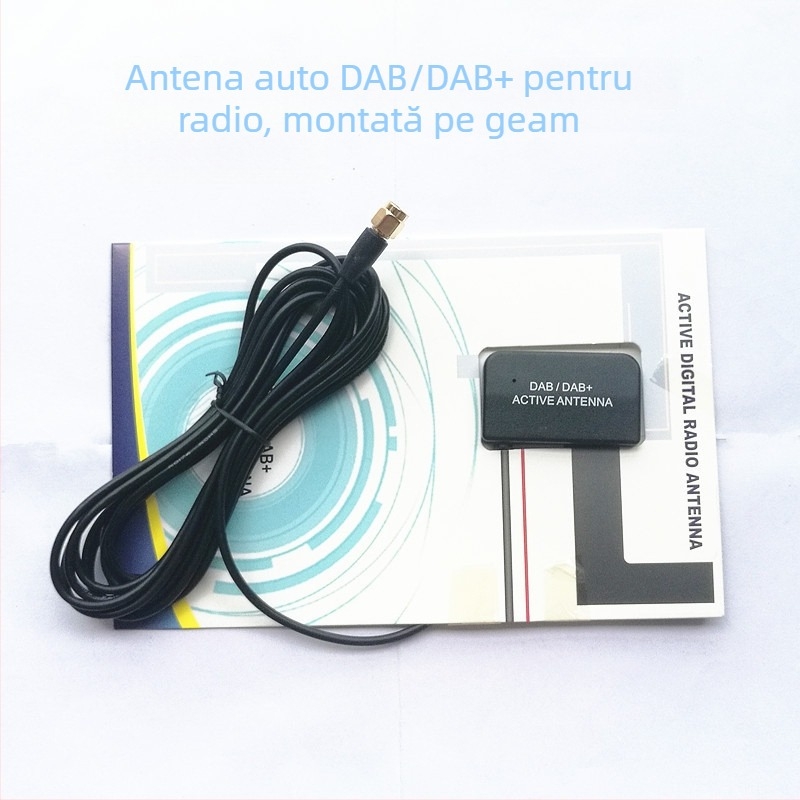 Antena auto pentru DAB/DAB+ radio digital, montaj pe geam, activă, 5V, 0,3A, compatibilă cu SMB/SMA/MCX
