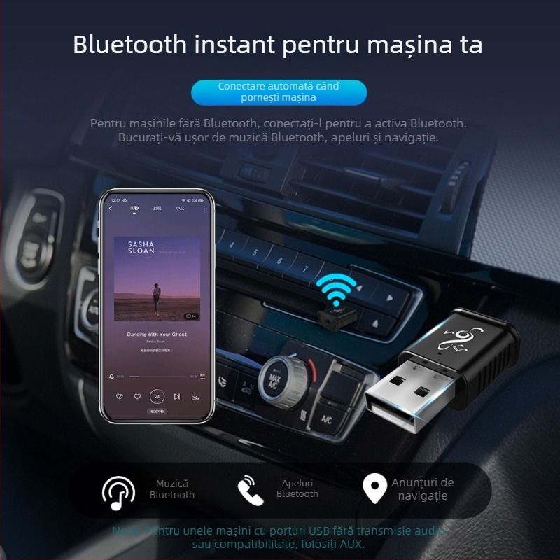 Receiver Bluetooth pentru mașină MSD169 USB/AUX – Plug-and-Play, Bluetooth 5.0, 3,5 mm AUX, Dublă ieșire, Apeluri Hands-Free