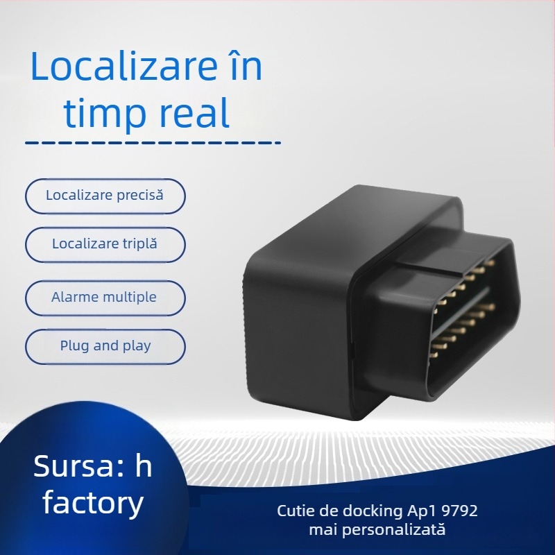 Locator OBD pentru vehicule, model T01, precizie GPS 3–30, moduri de alarmă: vibrație, pierdere de alimentare, alarmă mobilă, perimetru, depășire viteză, alimentare prin interfața OBD a mașinii, hărți Baidu/Google/AMAP