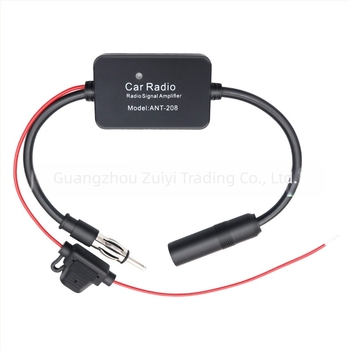 Amplificator de antenă FM pentru mașină, câștig 18–22 dB, bandă 88–108/170–240 MHz, impedanță 50 Ω, alimentare 12 V