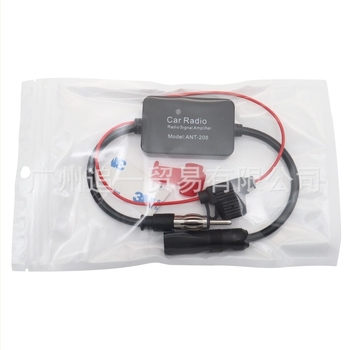 Amplificator de antenă FM pentru mașină, câștig 18–22 dB, bandă 88–108/170–240 MHz, impedanță 50 Ω, alimentare 12 V