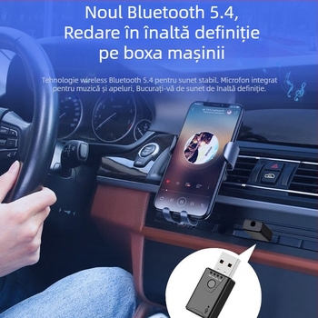 Receptor Bluetooth USB pentru mașină - adaptor hands-free plug-and-play, Bluetooth 5.4, interfață USB, rază 10-20 m, 100 Mbps