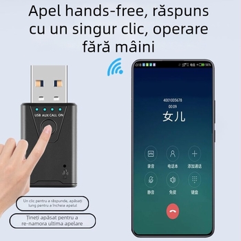 Receptor Bluetooth USB pentru mașină - adaptor hands-free plug-and-play, Bluetooth 5.4, interfață USB, rază 10-20 m, 100 Mbps