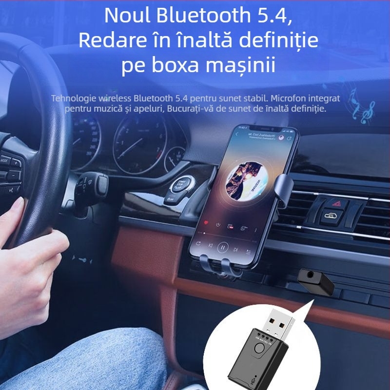 Receptor Bluetooth USB pentru mașină - adaptor hands-free plug-and-play, Bluetooth 5.4, interfață USB, rază 10-20 m, 100 Mbps