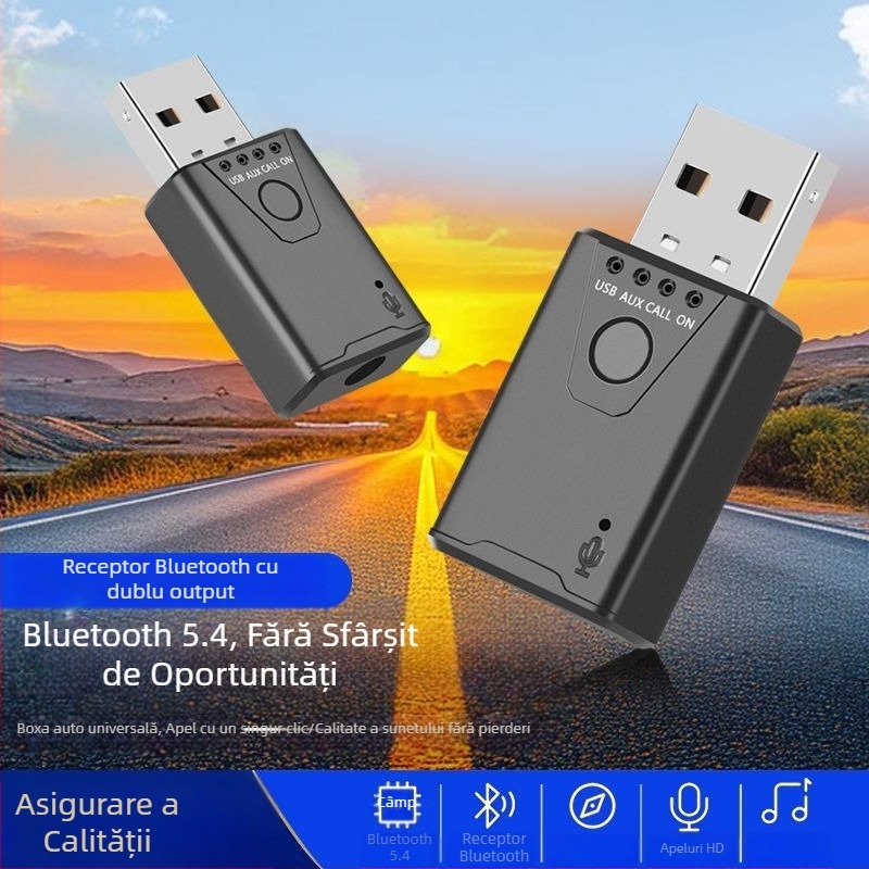 Receptor Bluetooth USB pentru mașină - adaptor hands-free plug-and-play, Bluetooth 5.4, interfață USB, rază 10-20 m, 100 Mbps