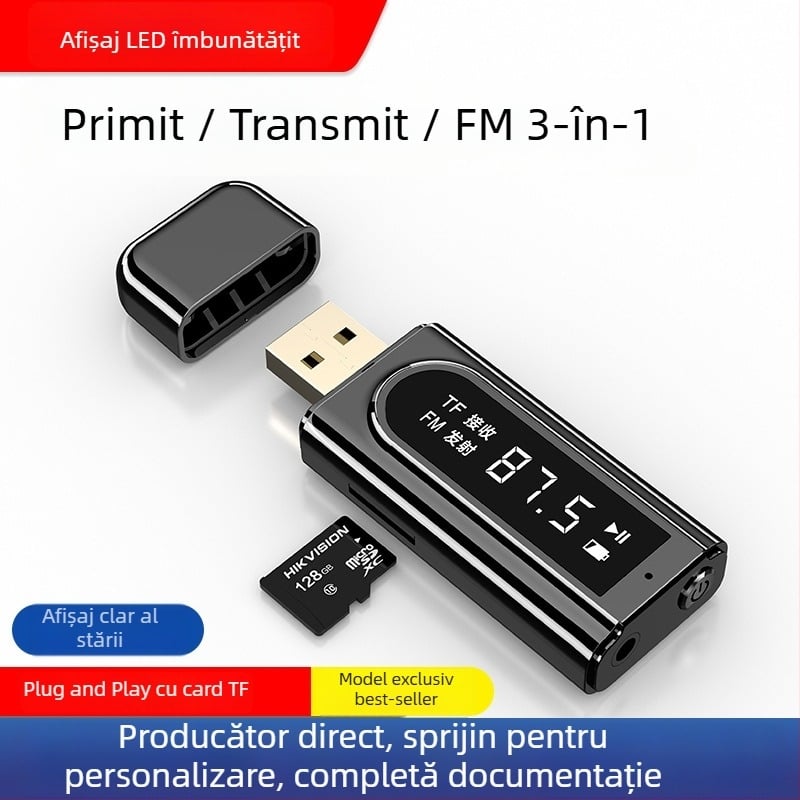 Transmițător USB pentru mașină FM Bluetooth cu redare MP3 și ieșire AUX, ieșire stereo duală, Bluetooth 5.0, model OMS-K9, interfață USB‑AUX, plug‑and‑play, alimentare externă