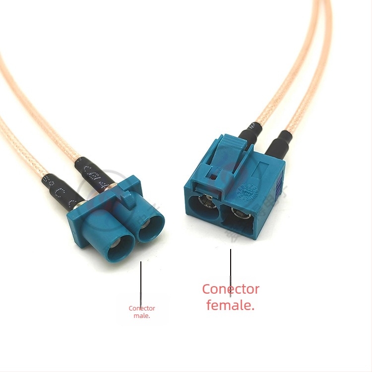 Conector FAKRA dublu feminin pentru antenă cu cablu de extensie RG174/RG316 – FKARA-K, izolator PA66, Comunicații auto