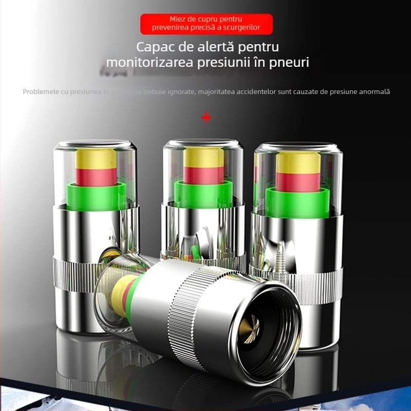 Cap de valve pentru presiunea pneurilor, set 4 bucăți, universal pentru autoturisme, detecție 2.4 bar, nucleu din plastic + cupru