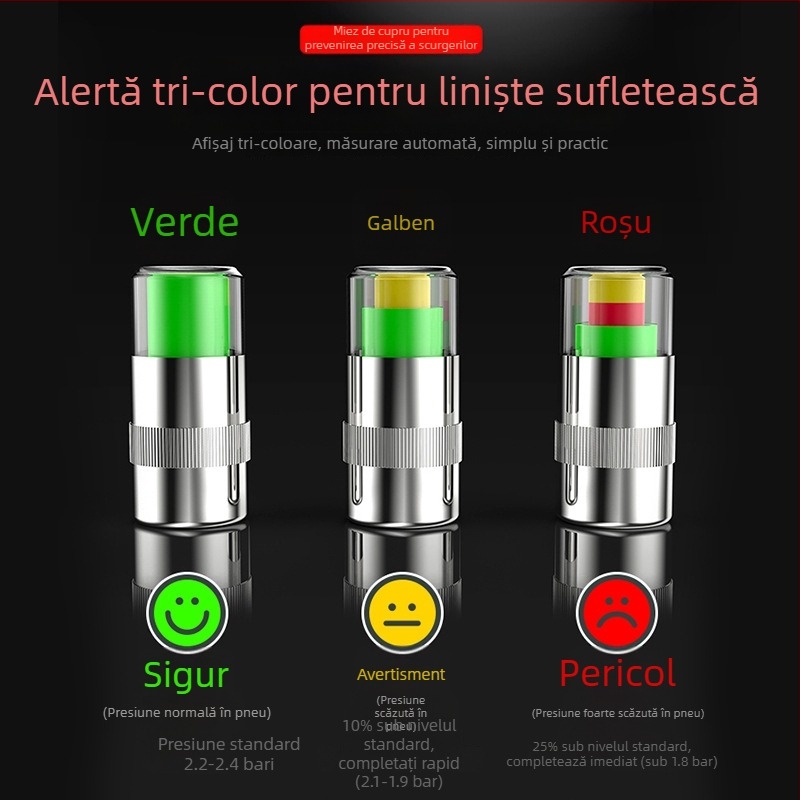 Cap de valve pentru presiunea pneurilor, set 4 bucăți, universal pentru autoturisme, detecție 2.4 bar, nucleu din plastic + cupru