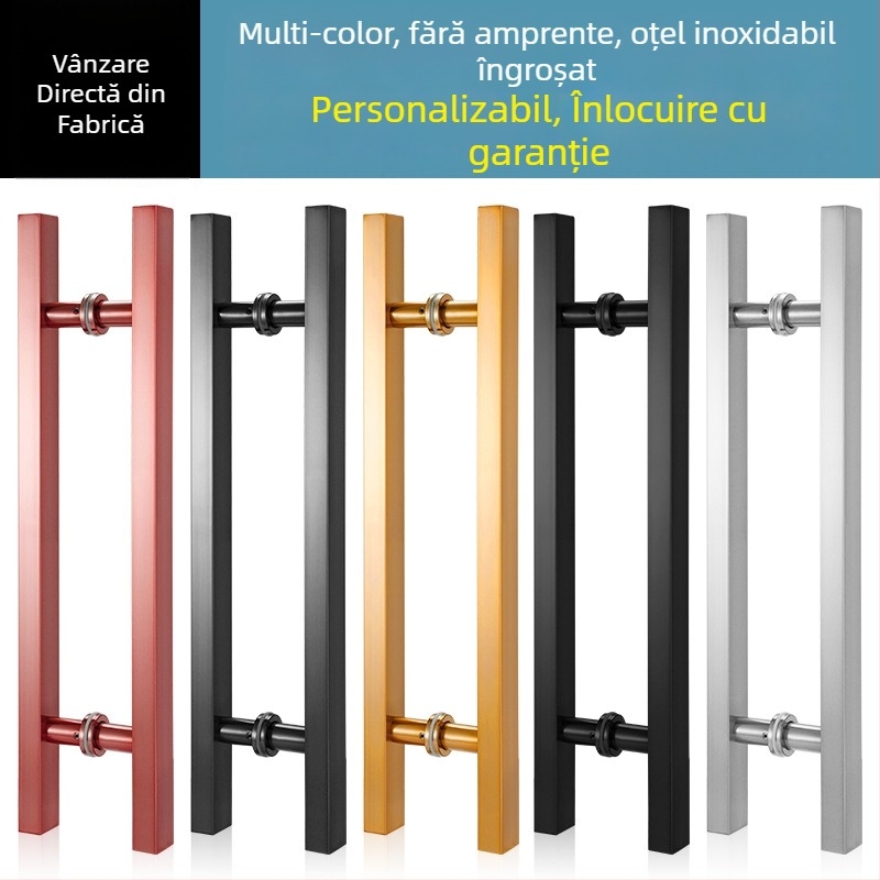 Mâner pentru ușă de sticlă din oțel inoxidabil, țeavă pătrată, antiamprentă, finisaj roz-auriu și titan negru, fără ramă, pentru uși glisante mari din lemn