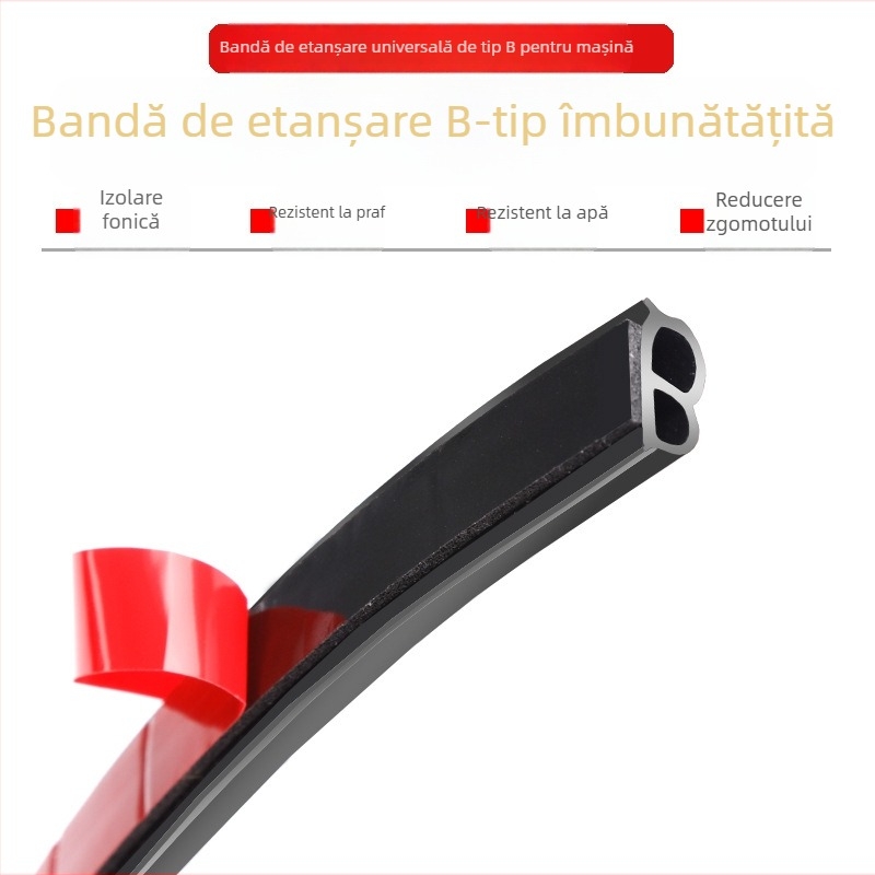 Bandă de etanșare fonoizolantă, B, pentru uși – pentru ușile din față și din spate, etanșează împotriva prafului și apei, reduce zgomotul, din cauciuc; rezistență la îmbătrânire, UV, ozon și la acizi/baze.