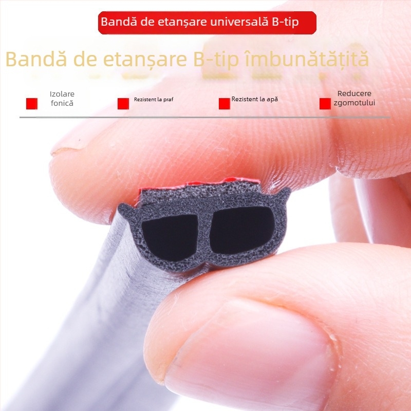 Bandă de etanșare fonoizolantă, B, pentru uși – pentru ușile din față și din spate, etanșează împotriva prafului și apei, reduce zgomotul, din cauciuc; rezistență la îmbătrânire, UV, ozon și la acizi/baze.