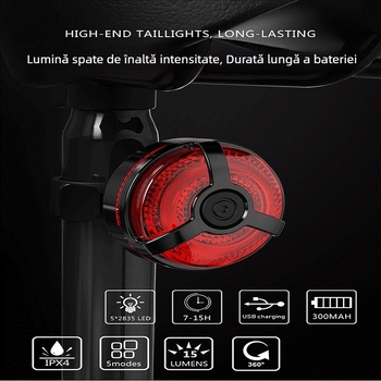Lumină spate pentru bicicletă Hissuke, încărcare USB, iluminare puternică, lumină de frână pentru biciclete de munte