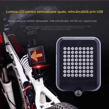 Lampa spate USB reîncărcabilă pentru bicicletă cu frână și avertizare