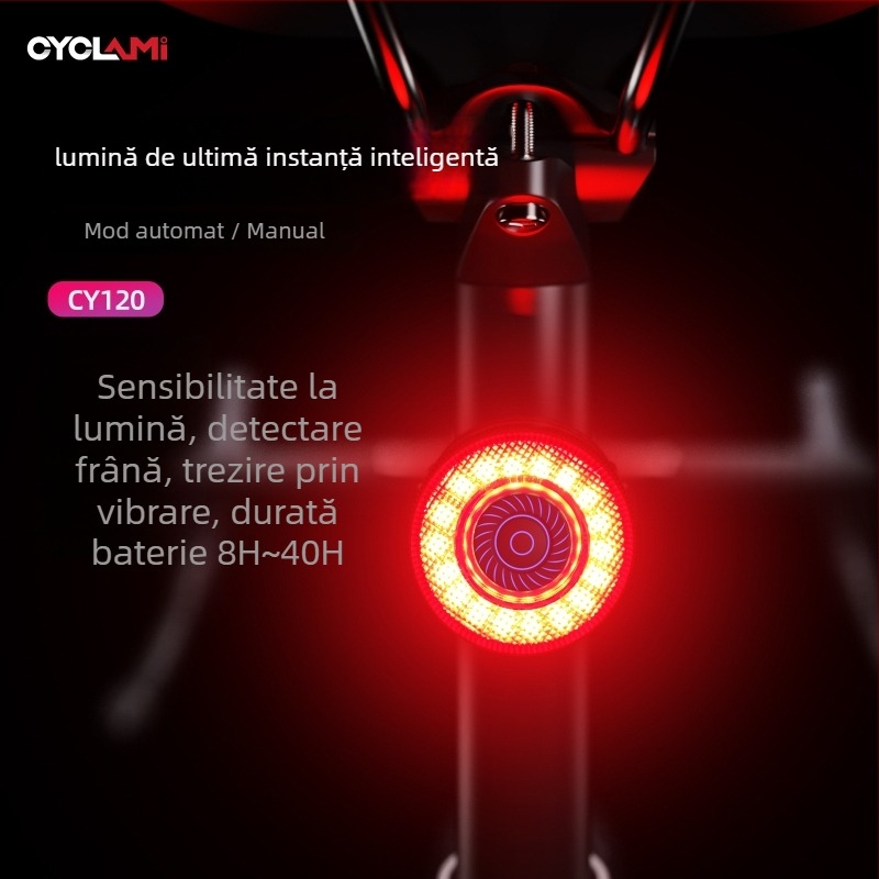 Lumina spate pentru bicicletă Cyclami Cy120 cu senzor inteligent de frână și senzor de vibrații