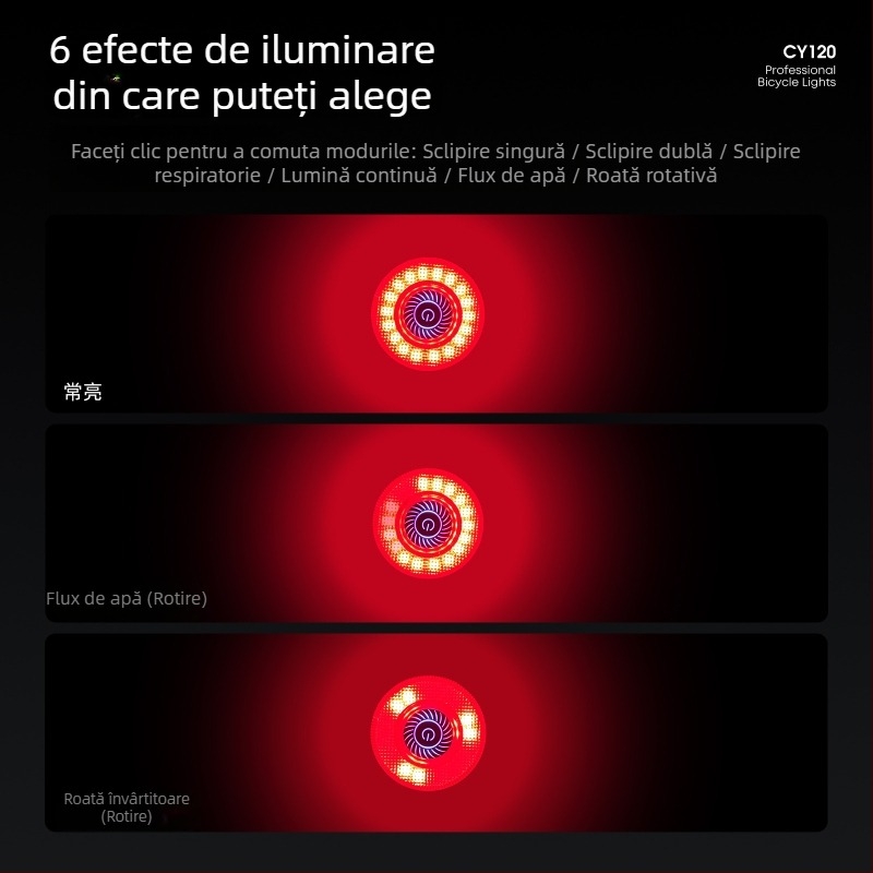 Lumina spate pentru bicicletă Cyclami Cy120 cu senzor inteligent de frână și senzor de vibrații