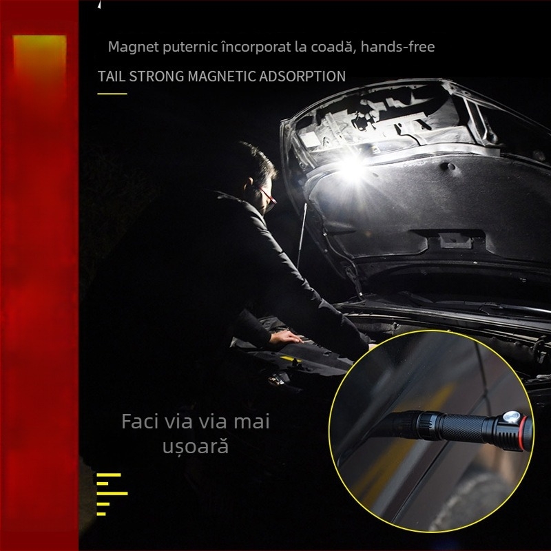 Fenar multifuncțional T6/L2 cu zoom și magnet, lampă COB pentru reparații, reîncărcabil, 10W (baterie 18650 • carcasă din aliaj de aluminiu • zoom optic • COB LED)