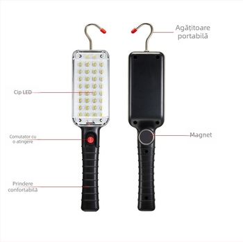 Lampă de lucru LED portabilă pentru autoturisme cu COB, ultra-lumină, cârlig magnetic, 30W, încărcare directă, încărcător inclus, iluminare multifuncțională pentru întreținerea auto