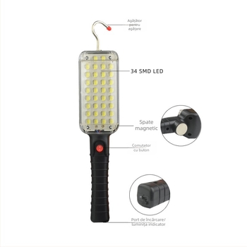 Lampă de lucru LED portabilă pentru autoturisme cu COB, ultra-lumină, cârlig magnetic, 30W, încărcare directă, încărcător inclus, iluminare multifuncțională pentru întreținerea auto