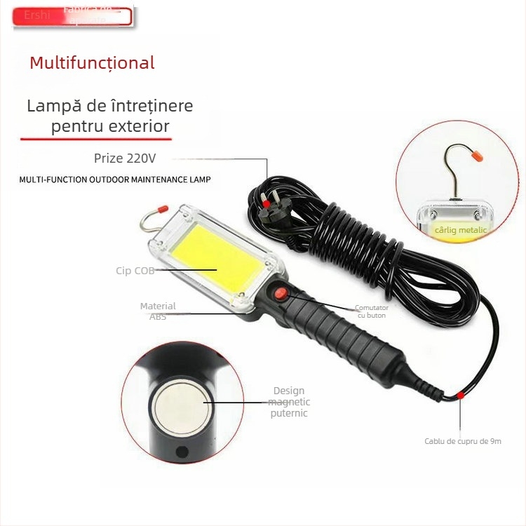 Lampă de lucru LED portabilă pentru autoturisme cu COB, ultra-lumină, cârlig magnetic, 30W, încărcare directă, încărcător inclus, iluminare multifuncțională pentru întreținerea auto