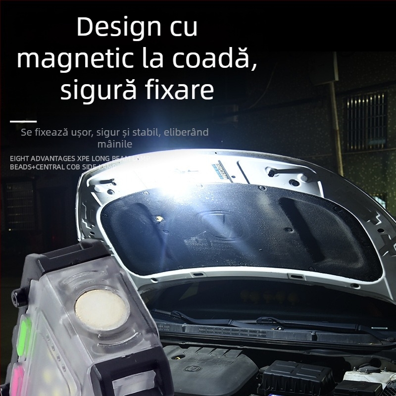 Lampa portabilă magnetică pentru reparații, cu avertizare intermitentă, LED compact pentru situații de urgență în aer liber; 5W LED • baterie 400 mAh • rotație la 360° • acționare manuală • încărcător inclus