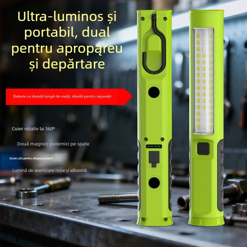 Lampă de lucru portabilă pentru reparații auto, cu magnet și cârlig, LED, 5W, 350+ lumeni, baterie încorporată de 3000mAh, încărcare USB, impermeabilă, rază 200–500 m