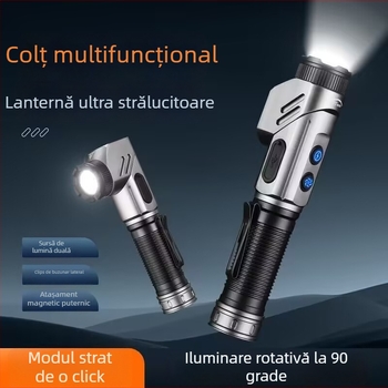 Lanternă LED multifuncțională, corp din aliaj de aluminiu, baterie 21700, reîncărcabilă, rază 100–200 m